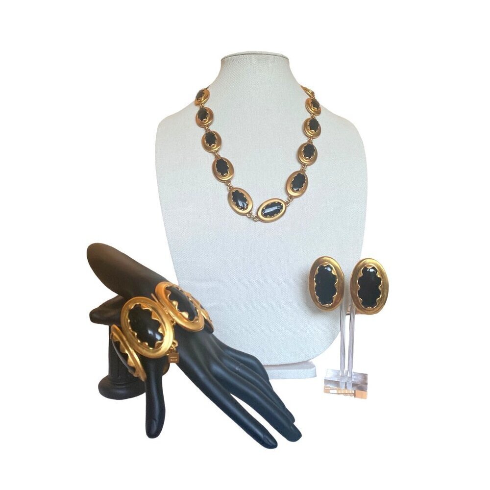 Anne Klein Couture Vintage Black Gold Tone Statement Jewelry Set Maximalist OS